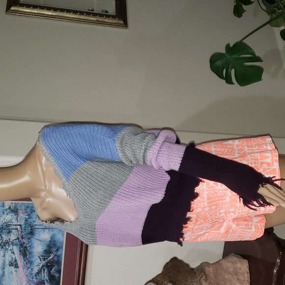 Forever 21 m fringe hem oversized open knit striped sweater vneck lilac cropped - Picture 2 of 8